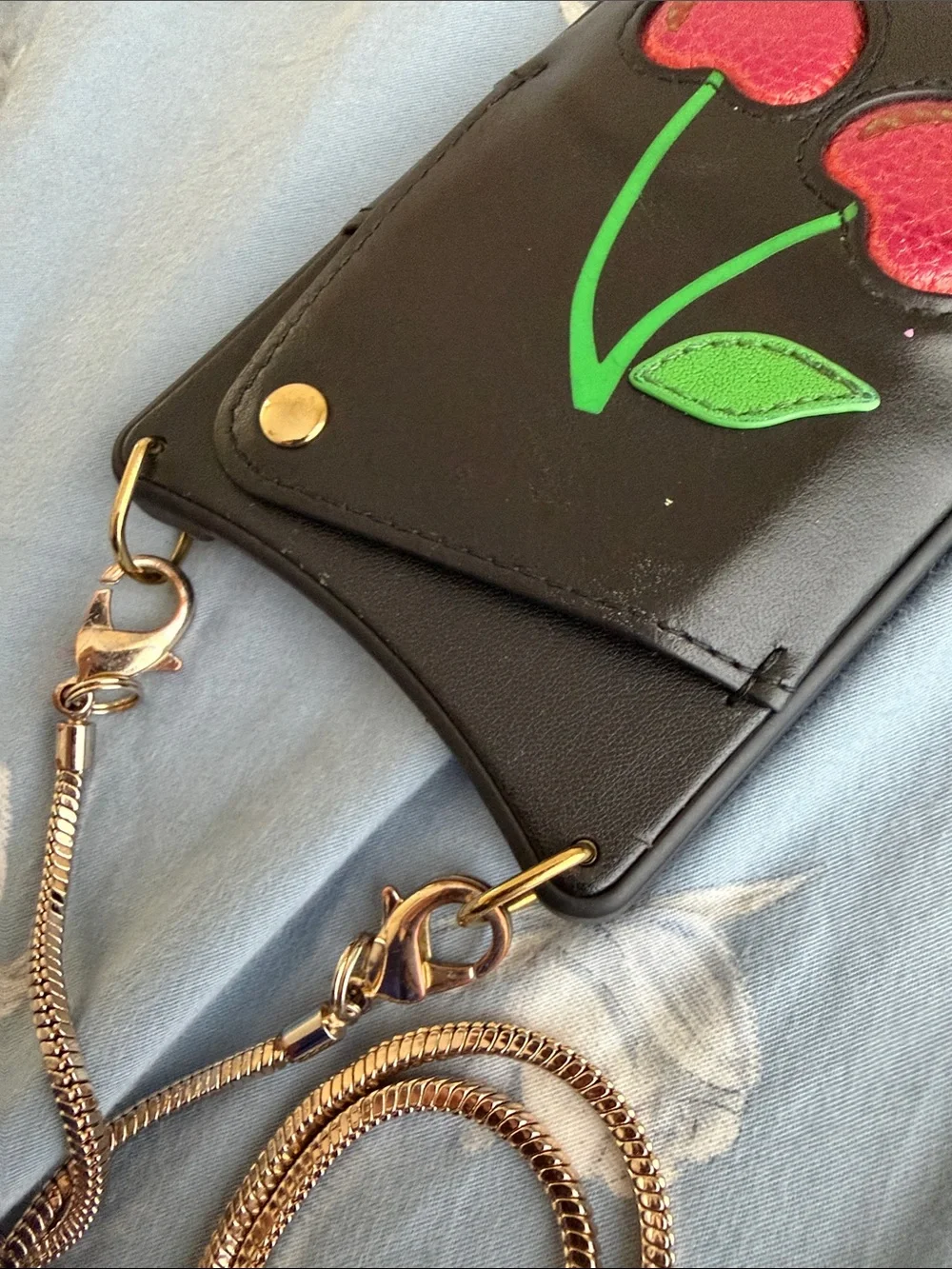 Bandolier Leather Crossbody PhoneCase w/Pink CherryDesign for iPhone 14 Pro Max